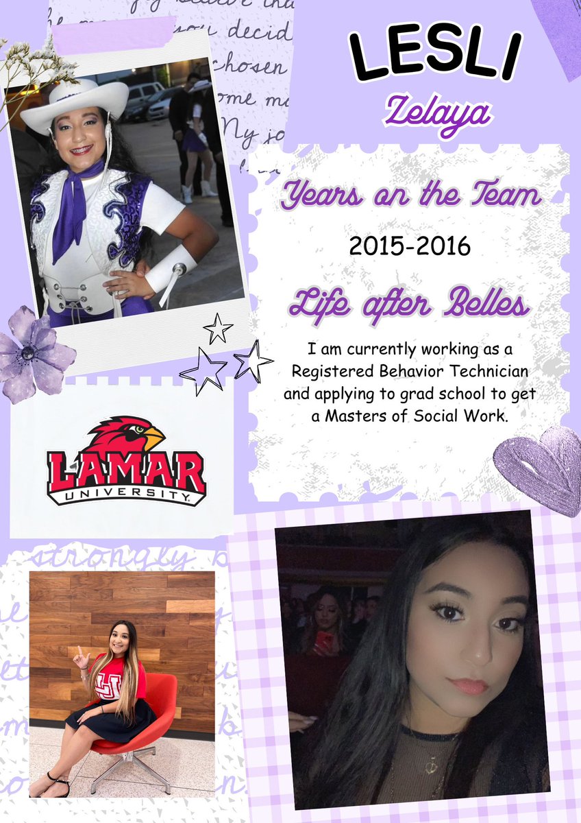 Meet our Belle Alumni, Lesli! She says her favorite Belle memory was “football season. I miss dancing under those field lights!” 💜🔔