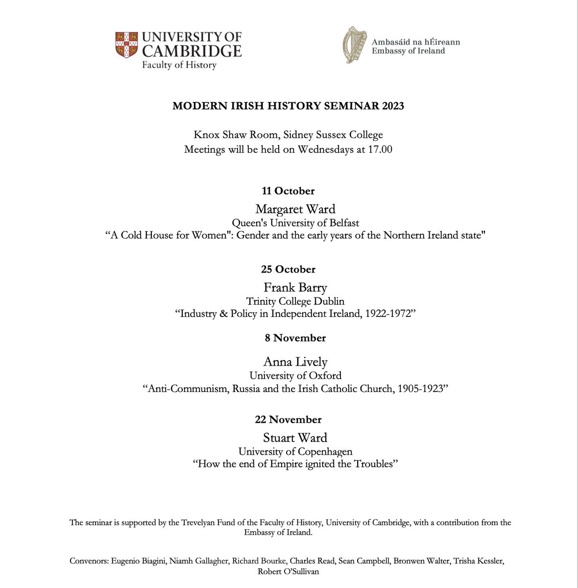 The Cambridge Modern Irish History Seminar Convenors are delighted to share our programme for Michaelmas Term 2023