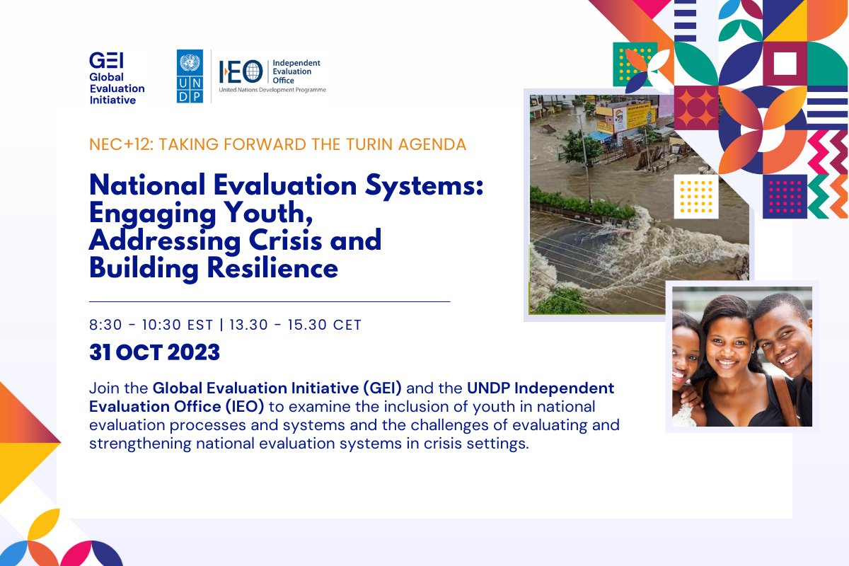 GEI_GlobalEval's tweet photo. 🥁Join GEI, @UNDP_Evaluation and our partners in taking forward the Turin Agenda #NECplus12 will take place on October 31st! 
✅Join the debate about #Evaluation systems: engaging #Youth, addressing #Crisis, and building #Resilience 
✅ Registration here👇https://t.co/nrM8QtqRAR https://t.co/qyQnnojljy