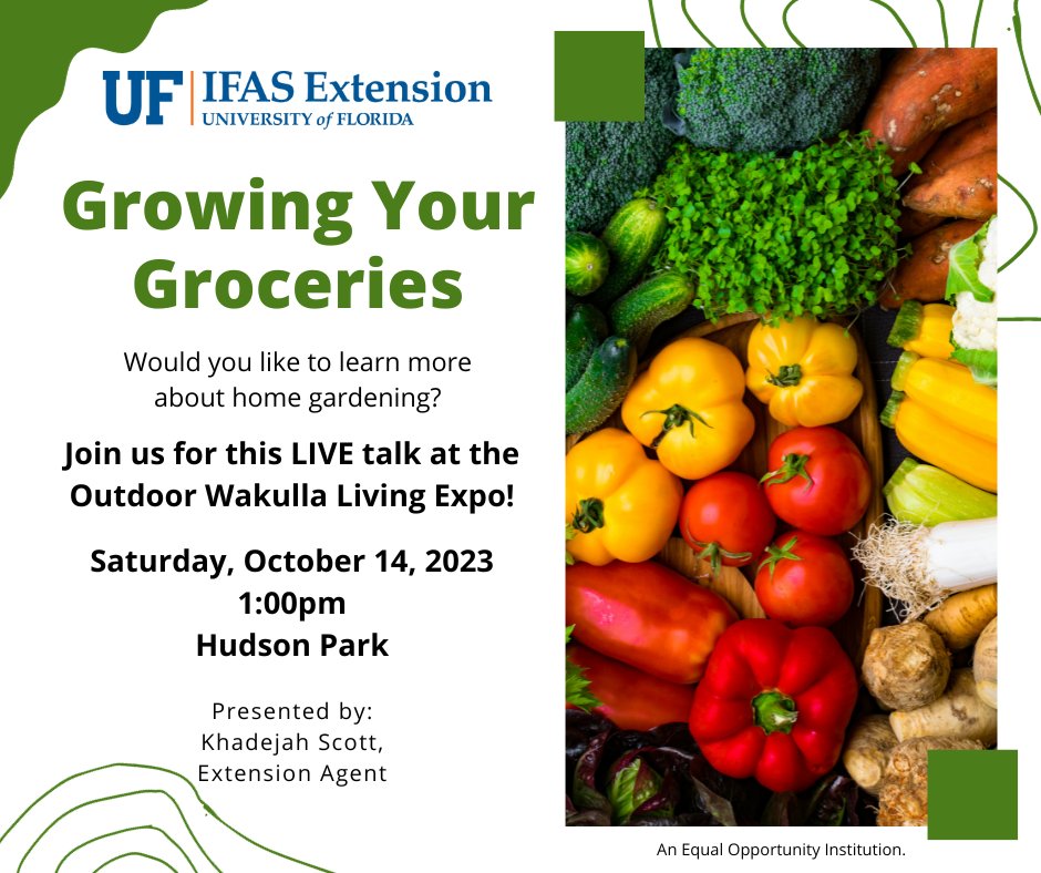 UFWakullaFCS's tweet photo. Join is at the 1st annual Outdoor Wakulla Living Expo this Saturday, Oct 14. There will be a variety of educational and commercial vendors, food trucks, and interesting live talks, including "Growing Your Groceries."  

We hope to see you at Hudson Park this Sat! https://t.co/NkApvGaOD1