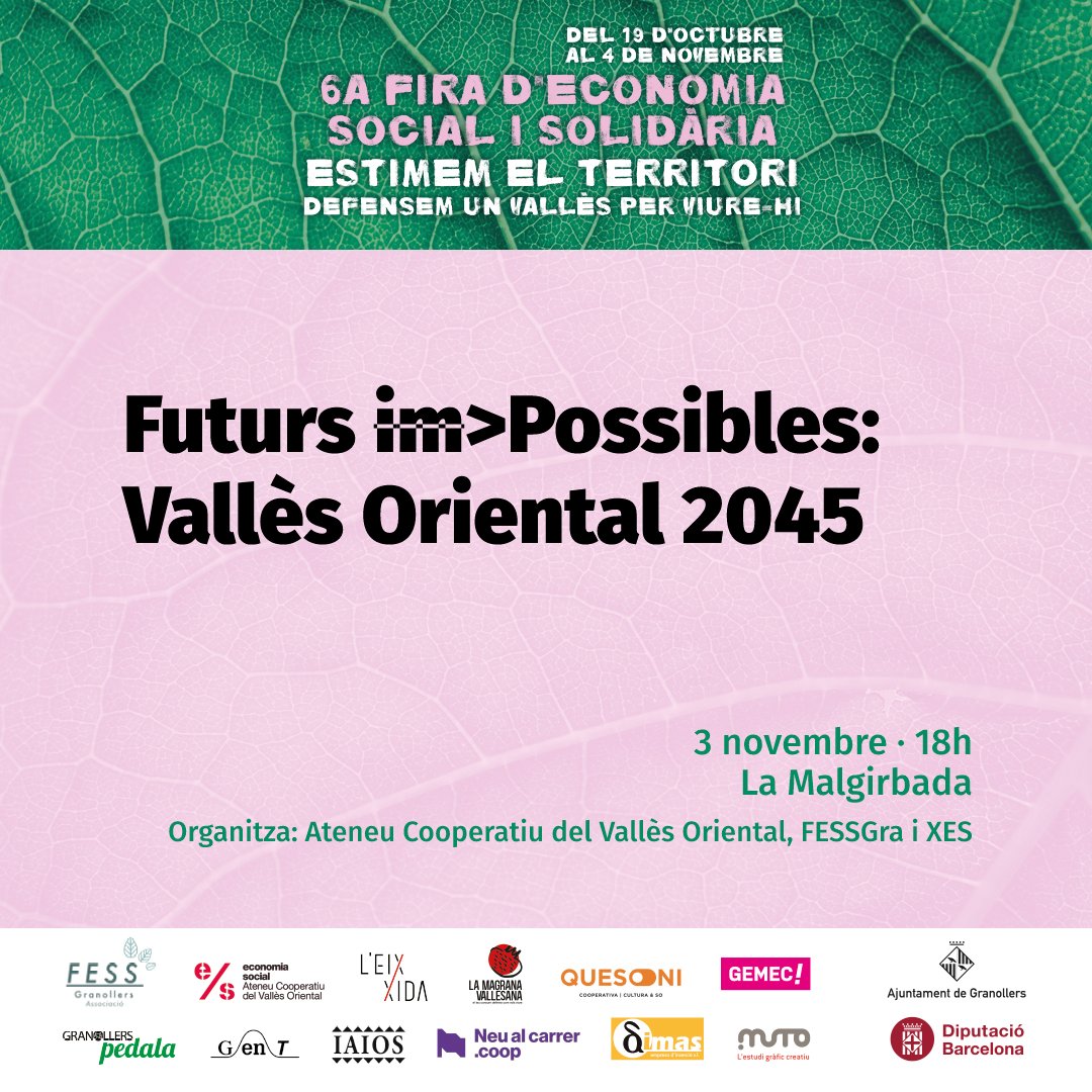 <a href="/anonimsgrn/">Restaurant Anònims</a> <a href="/RevistaSABC/">Soberanía Alimentaria⏚🇵🇸</a> <a href="/Lamagranavalles/">La Magrana Vallesana</a> <a href="/fessgra/">FESS Granollers</a> <a href="/GTransicio/">GranollersTransició</a> <a href="/Barbany_gr/">Barbany Granollers</a> <a href="/miki_batalla/">Rubèn Suriñach</a> @pajares_miguel @msevilpa <a href="/comsoc_cat/">COMSOC - Comunicació Social</a> <a href="/XES_cat/">Xarxa d'Economia Solidària de Catalunya</a> <a href="/eixidacultura/">L'Eixida</a> <a href="/GEMEC_coop/">GEMEC</a> 3⃣ Arriba el taller participatiu sobre #TransicióEcosocial que s'està fent arreu de Catalunya! 

📆 2 nov, 18h 
📍 <a href="/LaMalgirbada/">La Malgirbada - Ateneu Popular</a>  
🚀 'Futurs (im)possibles. Vallès Oriental 2045'

Plantegem-nos la construcció col·lectiva d'escenaris de futur i preparem-nos com a pobles i ciutats.