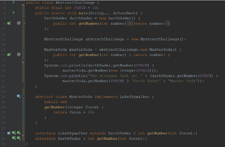 RafaDelNero's tweet photo. Solve this #Javachallenge about Interfaces and Abstract Classes to reveal the answer. Decide the ultimate victor between Master Yoda and Darth Vader! π
π https://t.co/7B4T6cXIrr
#JavaFaceOff #CodingChallenge #javachallengers #software #java #InterfacesVsAbstract https://t.co/p6wTxiubo7