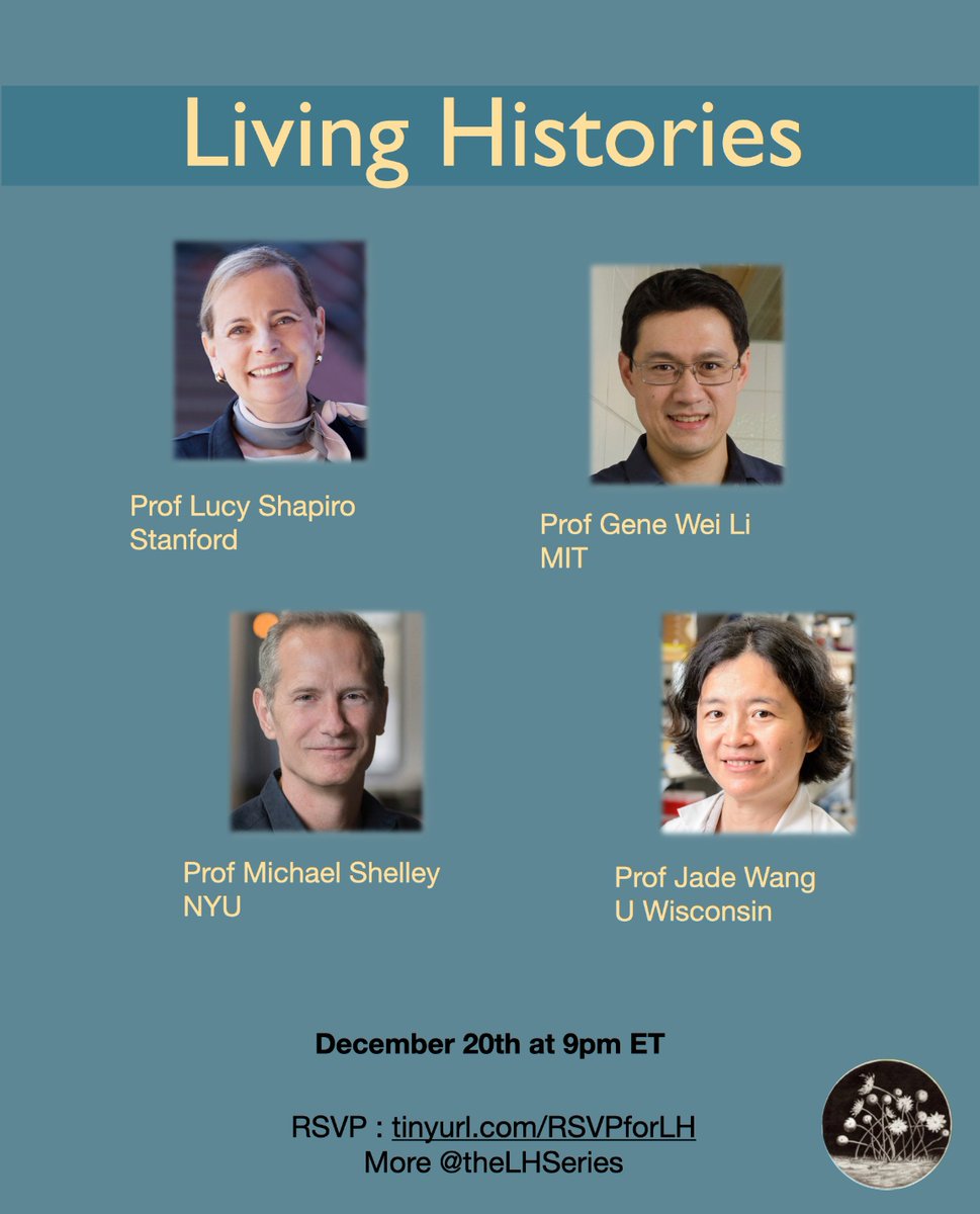 Announcing the Dec edition of Living Histories ❄️❄️ Featuring LH talks by: Profs Lucy Shapiro @Stanford, Gene Wei Li @GeneWeiLiLab @MITBiology, Michael Shelley @NYU_Courant & Jade Wang @juedwang @uwmadison Join us, RP/follow, bring friends, browse the playlist 👇🏿 🙏🏿🙏🏿🙏🏿🙏🏿