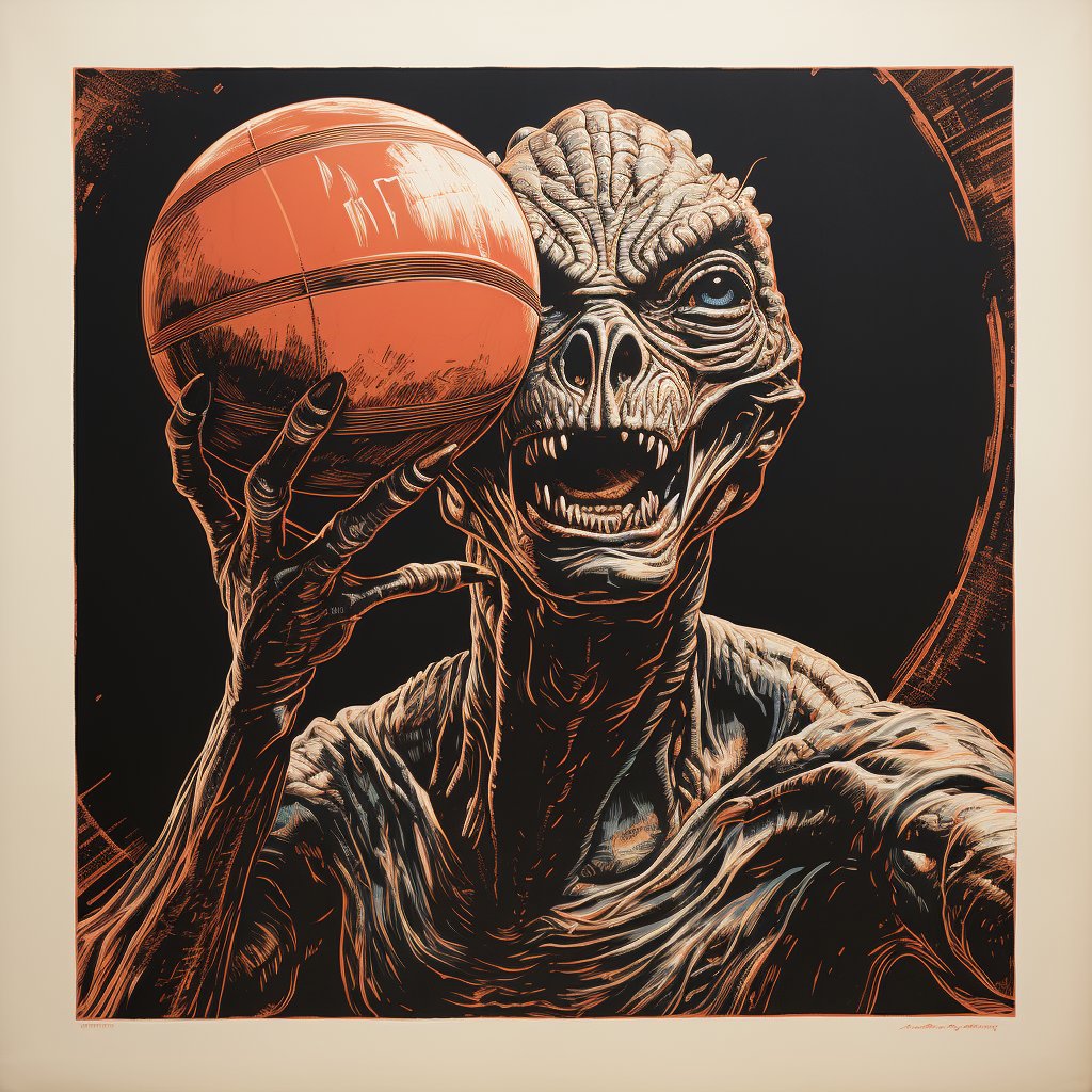 Hugofloresf's tweet photo. Alien Playing Basketball secuence in Linocut Print
#alien #basketball #aiart #hugoai #heffai #linocutprint #linocutstyle #AIArtworks #sports #fun #aliens #et