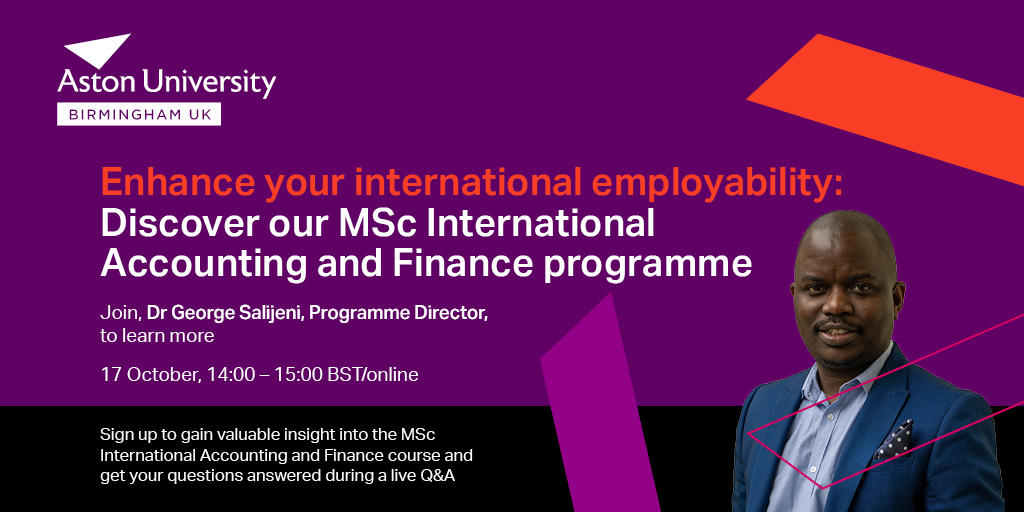 Are you interested in studying MSc International Accounting and Finance at <a href="/AstonUniversity/">Aston University</a> in January 2024?

Join Dr <a href="/SalijeniPhD/">George</a>, as he delves into the programme, module content and potential career outcomes.

📆17 October 2023
⏲️14:00 - 15:00 BST

bit.ly/46I48KT