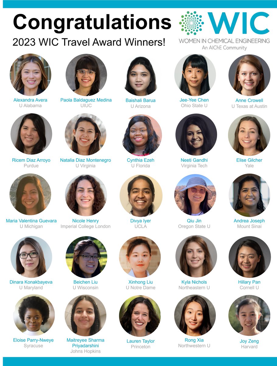 Announcing the 2023 <a href="/aichewic/">AIChE WIC</a> Travel Award Winners! Join us in congratulating these incredibly talented women! 🎉 (1/7)