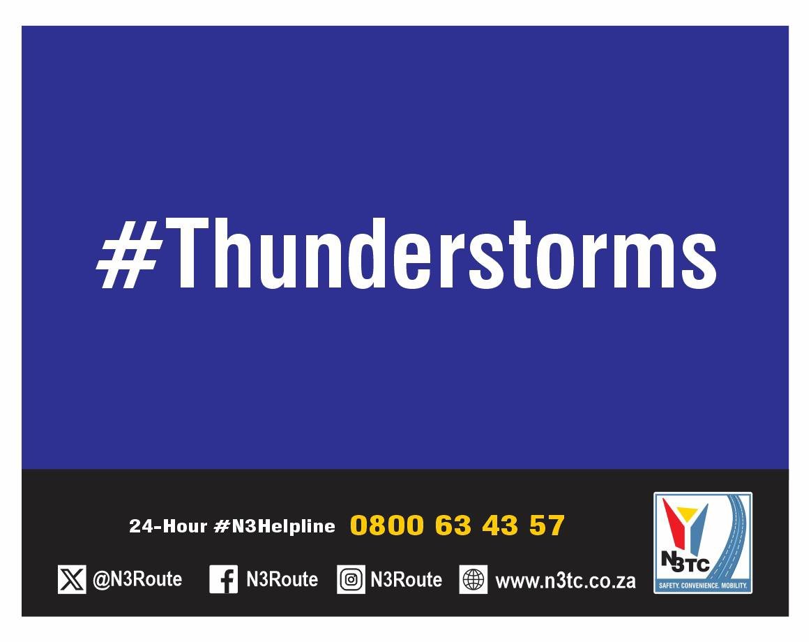 N3Route's tweet photo. 17h04 11/10 #N3WeatherWarning #DifficultDrivingConditions expected along parts of the #N3TollRoute in the #FreeState as #SevereThunderstorms and #HeavyRainfall are predicted for this afternoon and tomorrow. #StayAlert #DriveDefensively Call the #N3Helpline 0800 63 43 57 for 24/7 assistance (18)