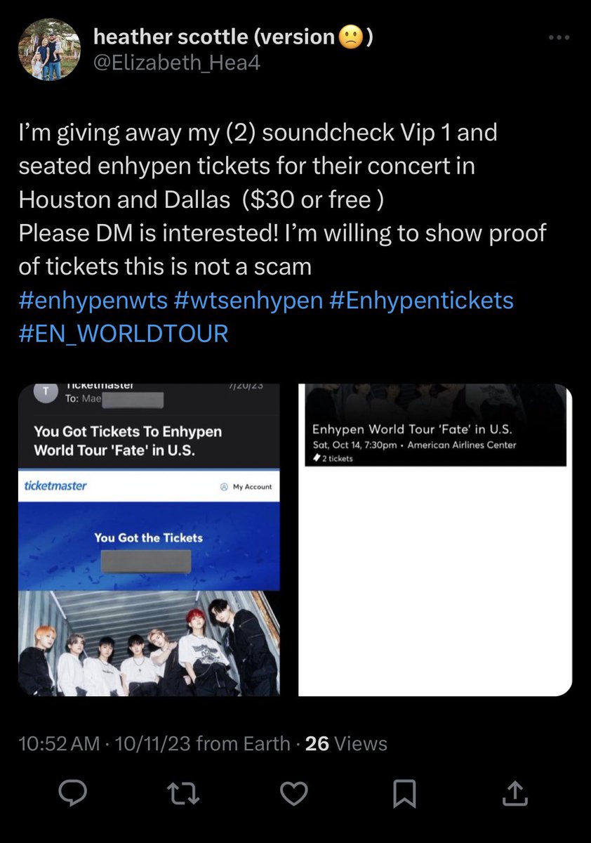 DoieInjunnie's tweet photo. Please beware of scammers like this one. Always make sure to:

-Have actual proofs
-Pay in PayPal G&amp;S
-Can FaceTime or Call while transferring

This person was scamming for Enhypen Tickets in Houston or Dallas. Do not buy. 

#enhypenwts #enhypentickets #wtsenhypen https://t.co/nFaAYmpclY