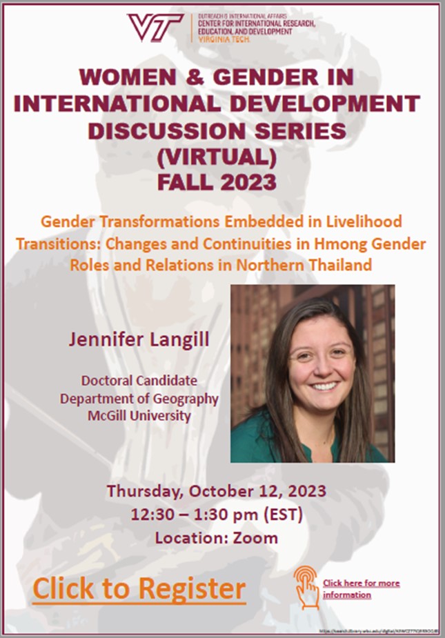 Join us tomorrow for a talk on Gender Transformations Embedded in Livelihood Transitions: Changes and Continuities in Hmong Gender Roles and Relations in Northern Thailand with @jenniferlangill @ WGD DS
🗓️Oct 12, 2023
⏰12:30-1:30 pm(EST)
📍Zoom
🔗Register:bit.ly/3thnoAA