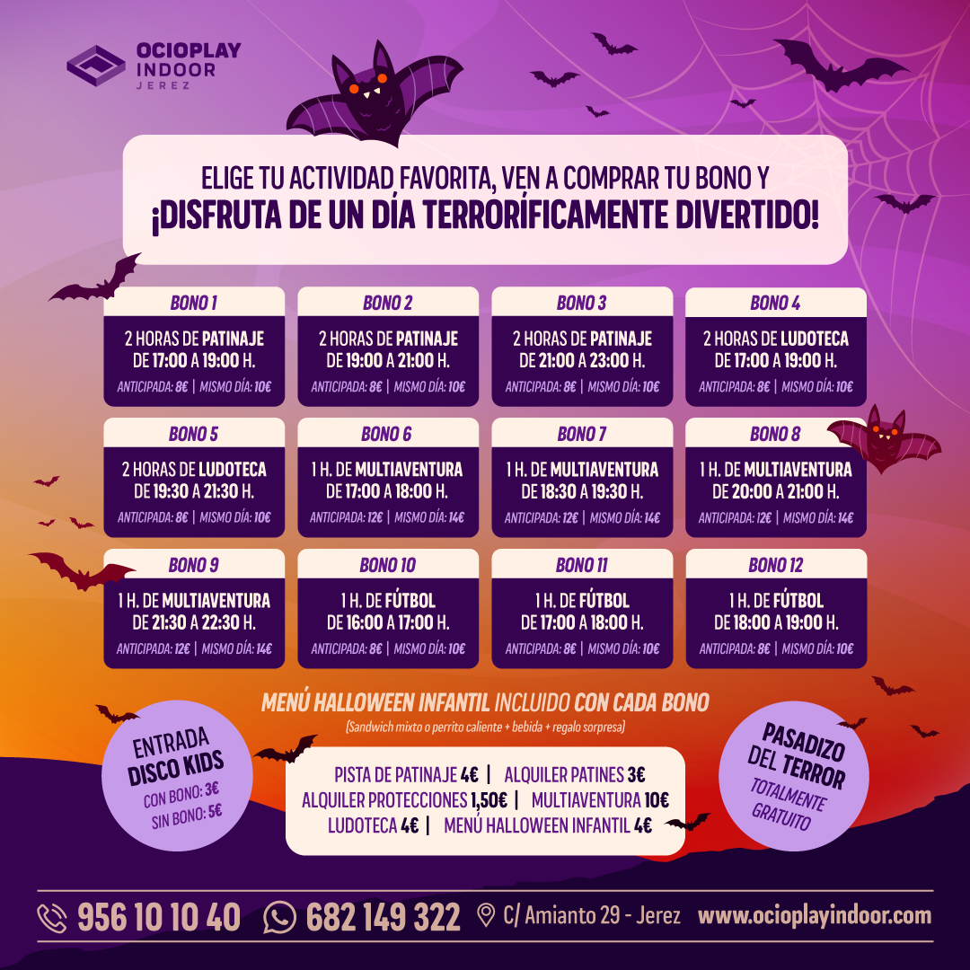 🎃 ¡Este 31 de octubre ven a Ocioplay y préparate para celebrar Halloween con la fiesta más tenebrosa y escalofriante que jamás hayas vivido!

Los bonos de actividades con menú infantil de Halloween + regalo estarán a la venta en nuestra recepción a partir del 18 de octubre. 😱