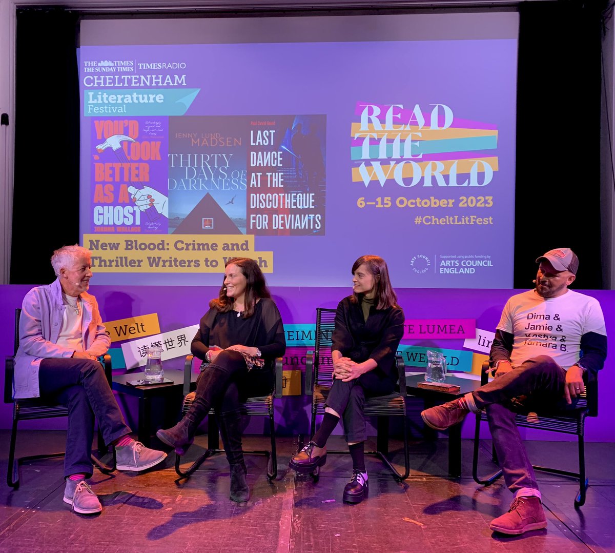 A smashing time @CheltLitFest with @JoWallaceAuthor for their #NewBlood panel. A packed audience, lovely fellow debut authors @JennyLundMadsen + @paul_d_gould, all brilliantly chaired by @tweetTimHubbard 🔨 👻 @ViperBooks #CheltLitFest