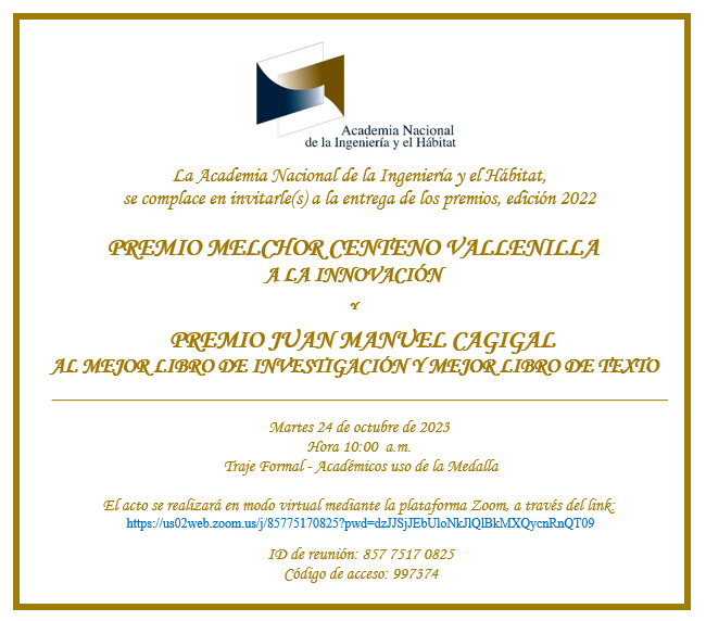 anihven's tweet photo. Invitación acto de entrega de los PREMIOS MELCHOR CENTENO VALLENILLA Y JUAN MANUEL CAGIGAL, Edición 2022 ANIH (martes 24 octubre 2023, hora 10:00 a.m. Caracas)

Entrar Zoom Reunión
https://t.co/tzZq0Rq4zN
ID de reunión: 857 7517 0825
Código de acceso: 997374 https://t.co/CE77PtM1TX