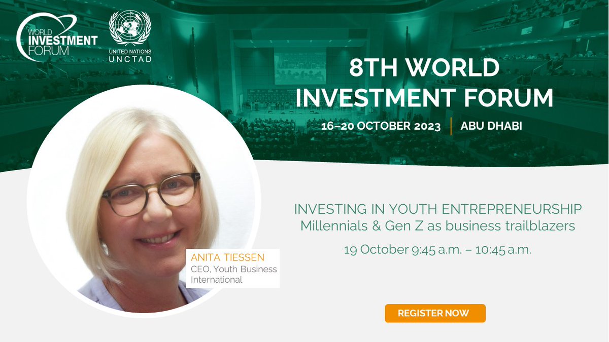 Our CEO <a href="/AnitaTiessen/">Anita Tiessen</a> will attend the World Investment Forum organised by <a href="/unctadwif/">UNCTADinvestment</a> next week to speak on a panel on 'Investing in Youth Entrepreneurship: Millennials &amp; Gen Z as business trailblazers'. #WIF2023

More info about the session here: worldinvestmentforum.unctad.org/session/invest…