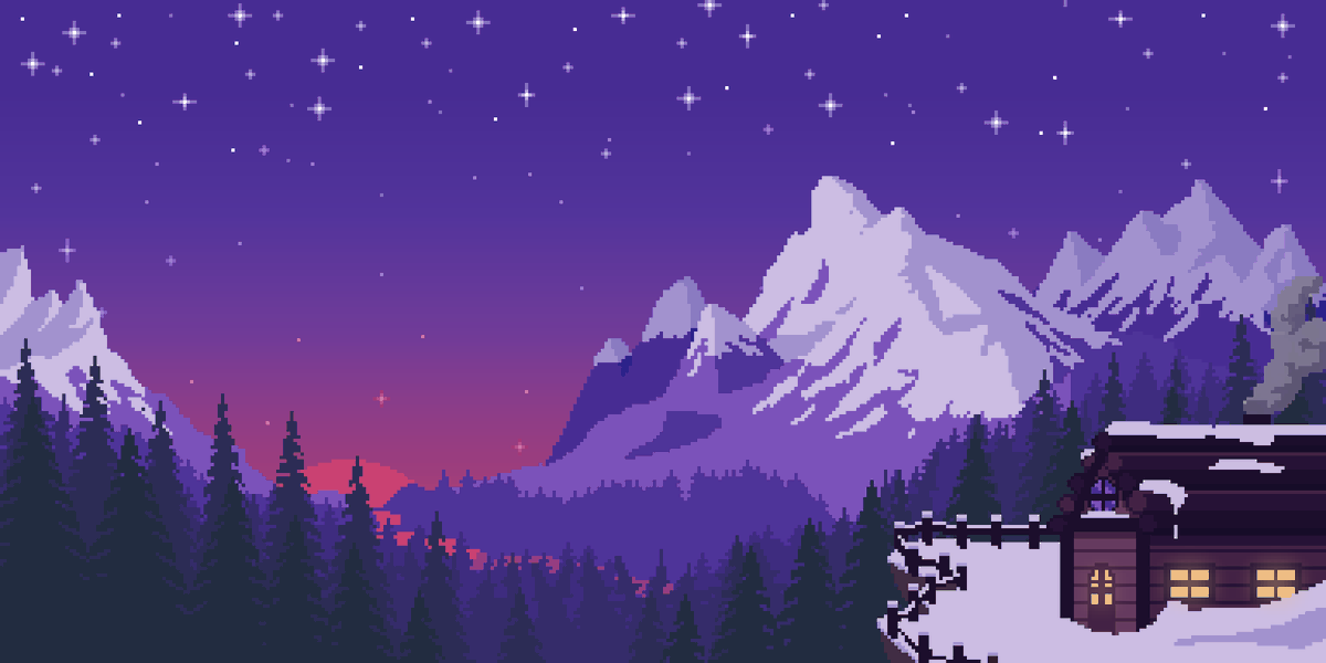 Mountain Hut - Made this one for the banner of <a href="/SnowHaell/">SnowHaell ❄️🫂 | CosyTuber</a> 's channel. 
Go check him out!

#pixelartist #pixelart #mountain #mountains #Purple #sunset #Snow