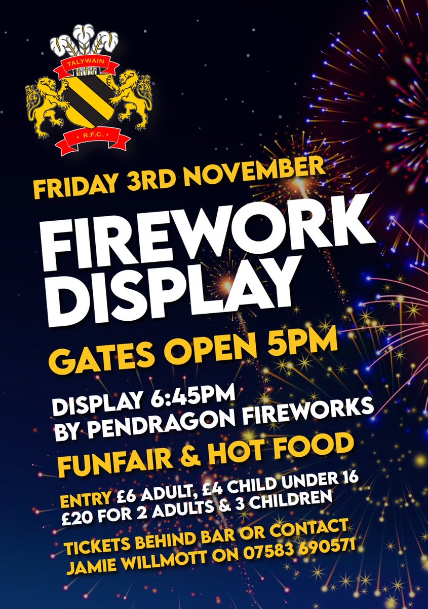 After the huge success of last years event we are very excited to announce this years Firework display.  Get your tickets early as last year was a sell out. 
🖤💛🎇🎆