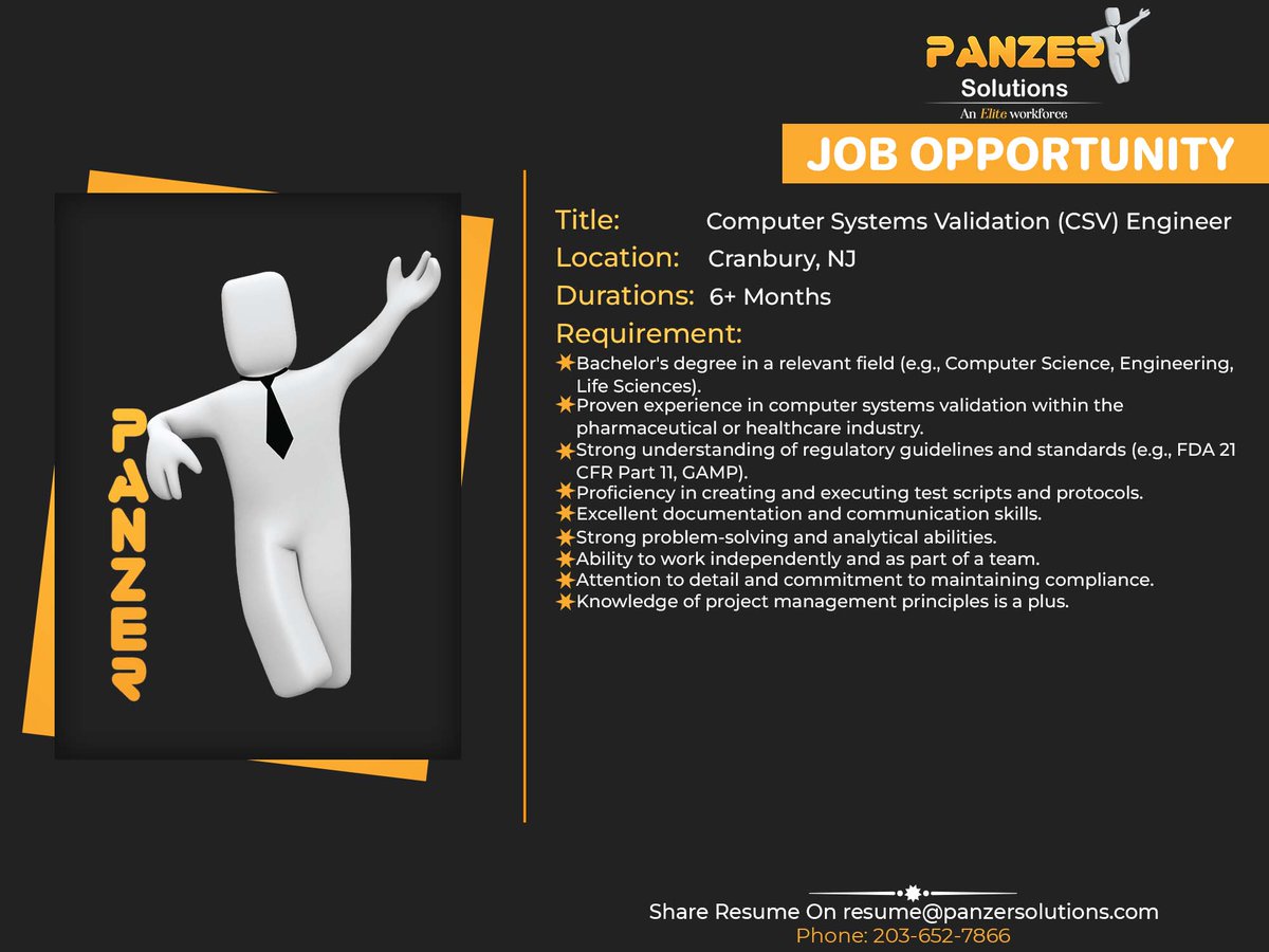 panzersolution's tweet image. Job Title: Computer Systems Validation (CSV) Engineer
Location: Cranbury, NJ
Duration: 6 Months
Share resumes at resume@panzersolutions.com
Or for more job requirements, click on the below link
Click Here: panzersolutions.com/jobopportunuti…
#computersystemsvalidation #CSV #jobs #NewJersey