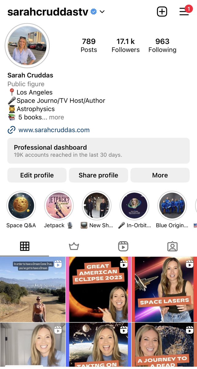 And if you want more space videos, here’s where to get them… Instagram.com/sarahcruddastv/
