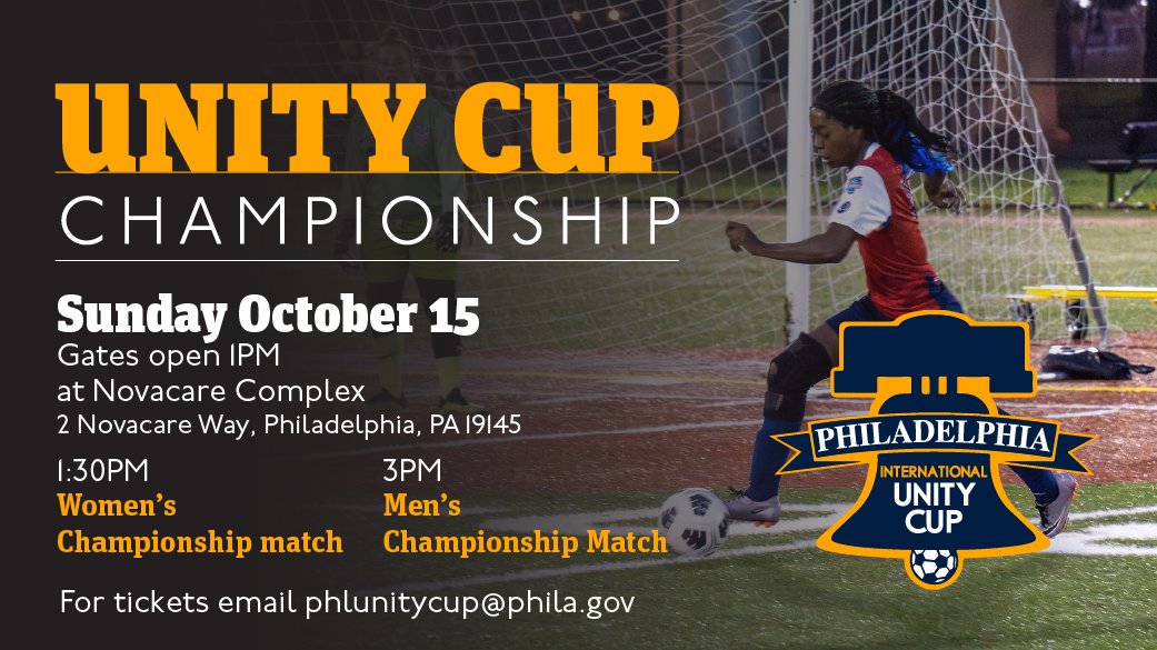 ATTENTION! The 2023 Unity Cup Championship schedule has changed!

The Women's Final, USA vs. Mexico will now kickoff at 1:30 p.m. 
Men's Final, Liberia vs. Ireland at 3:00 p.m.  

Email: phlunitycup@phila.gov for tickets!
#UnityCup