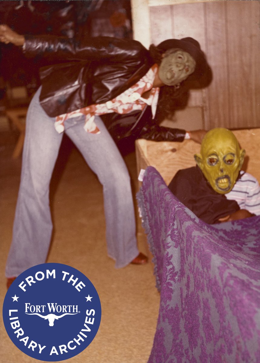 #FromTheArchives - With a nod to Friday the 13th, we provide a photo of two costumed masks that could possibly frighten the infamous Jason Vorhees. This snapshot was part of a community haunted house, possibly in the south-east of Fort Worth, during the 1970s.