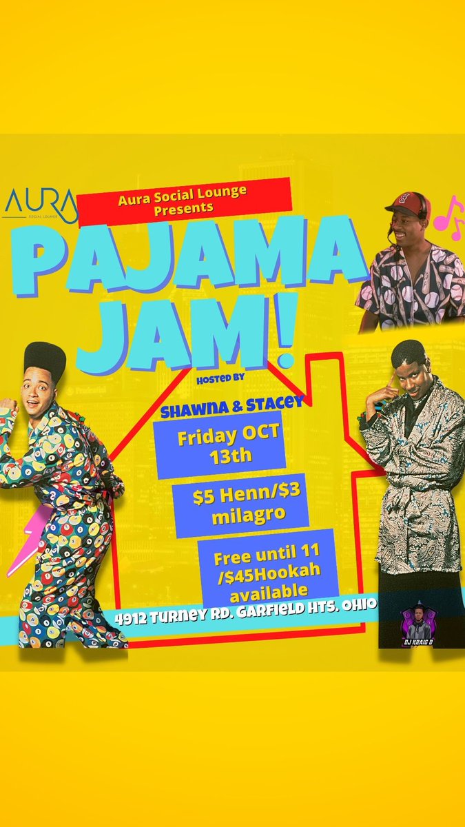 This Friday 13th is the #official #PajamaJam @aurasociallounge 

Music by ya boy🎧

Prize giveaways for the best male & female Pajamas 👘✨

$3 #milagro $ 5 #henn 🥃 Jell-O shots sold as well‼️ 
$45 hookah 💨
Free til 11 
Kitchen open late 🍗