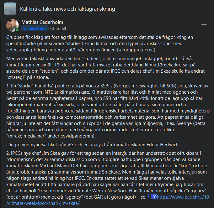 mathiasced's tweet photo. Nej, en usel ogranskad norsk studie motbevisar INTE klimatforskningen, och nej, IPCCs chef Jim Skea har inte "ändrat" IPCCs slutsatser om klimatet. Jag slår två klimat"flugor" i en smäll i ett längre inlägg idag. Inledningen: https://t.co/dDXFoySNXN