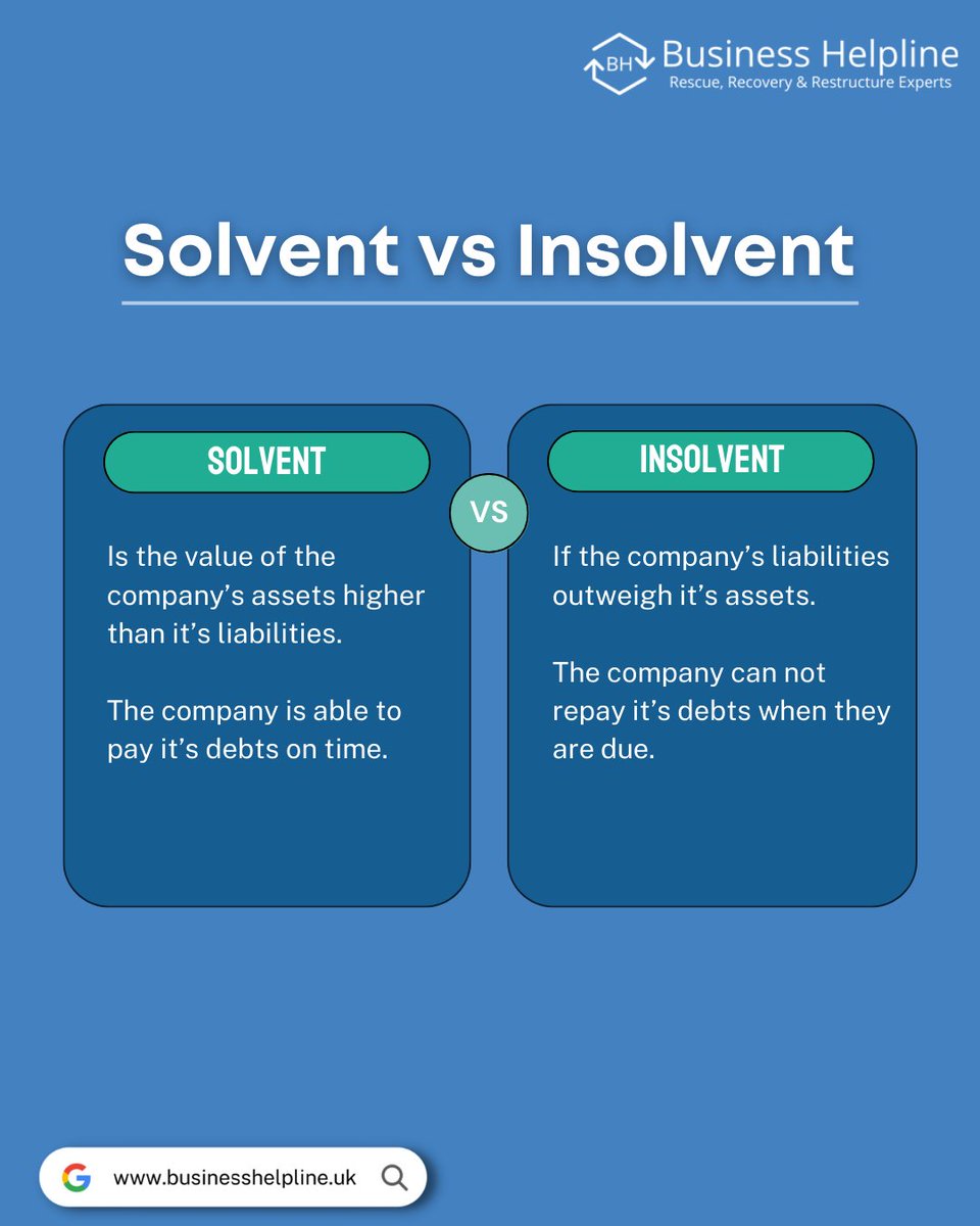 Solvent v Insolvent...

What's the difference? 

Solvent- assets outweigh liabilities⚖️

Insolvent- liabilities outweigh assets📉

#solvent #insolvency #insolvencypractitioner #businessdebt