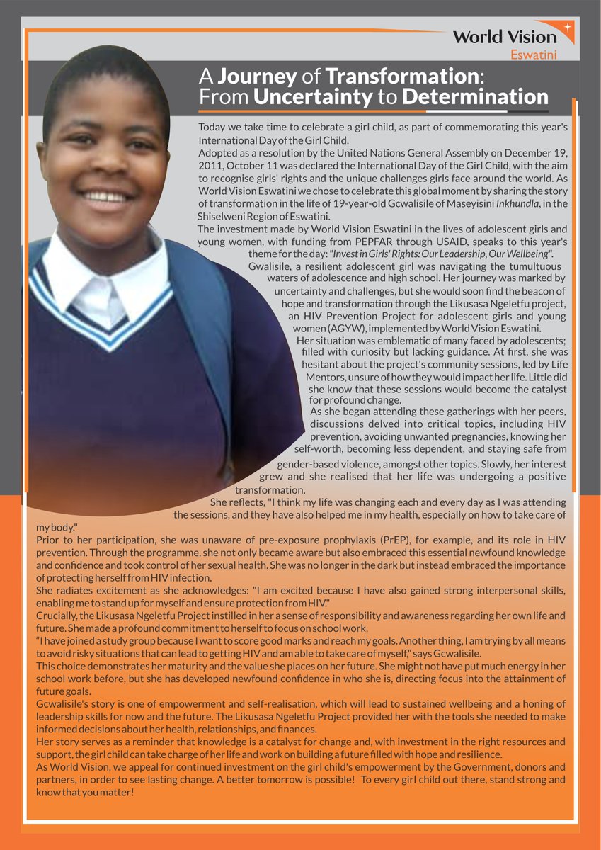 #InternationalDayOfTheGirl2023 
As World Vision, we want to see girls fulfilling their God-given potential &, we know that when a girl is educated & empowered to know her rights, she’s twice as likely to send her own children to school.

Here's Gcwalisile's story: