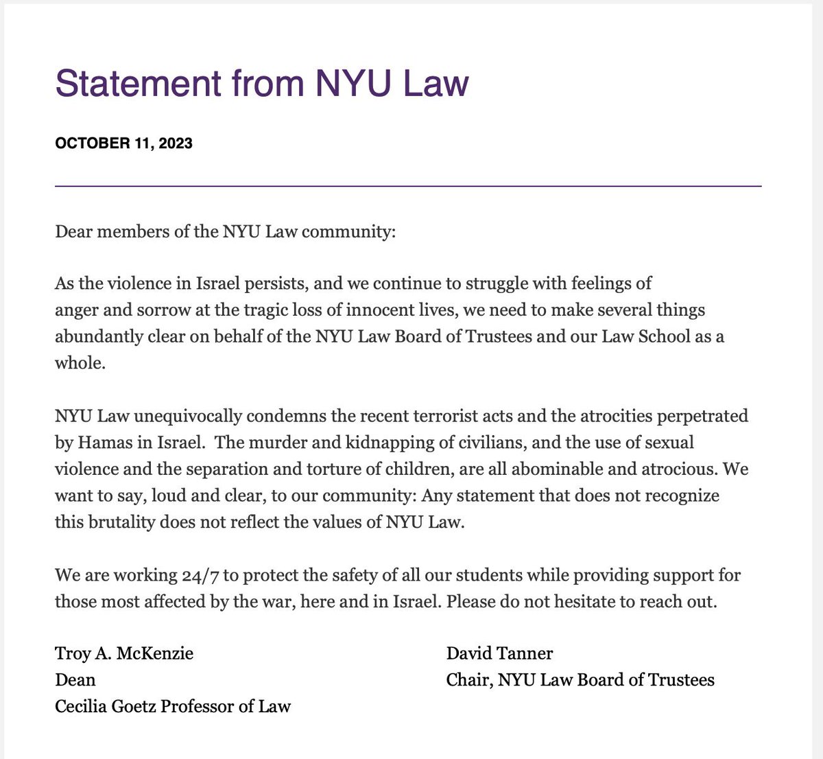 DBashIdeas's tweet photo. Revised statement from @nyulaw https://t.co/hPZeHNiQn7
