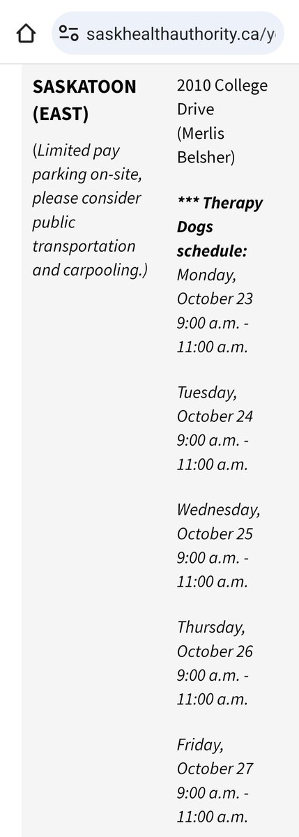 If you or your kiddos are needle-nervous, here's the therapy dog schedule for the walk-in vaccine clinic at Merlis Belsher!

saskhealthauthority.ca/your-health/co…
#yxe
#covid19sk
#Saskatchewan 
#saskatoon
@SaskHealth