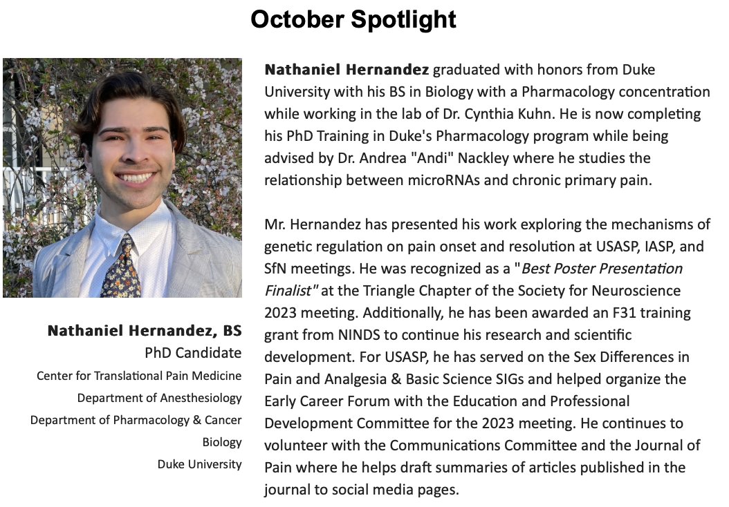 Nackley lab grad student <a href="/Nathaniel__H/">Nathaniel Hernandez, PhD</a> has been featured as the <a href="/US_ASP/">US Association for the Study of Pain</a> Trainee Spotlight for October! 

Congratulations 🎉