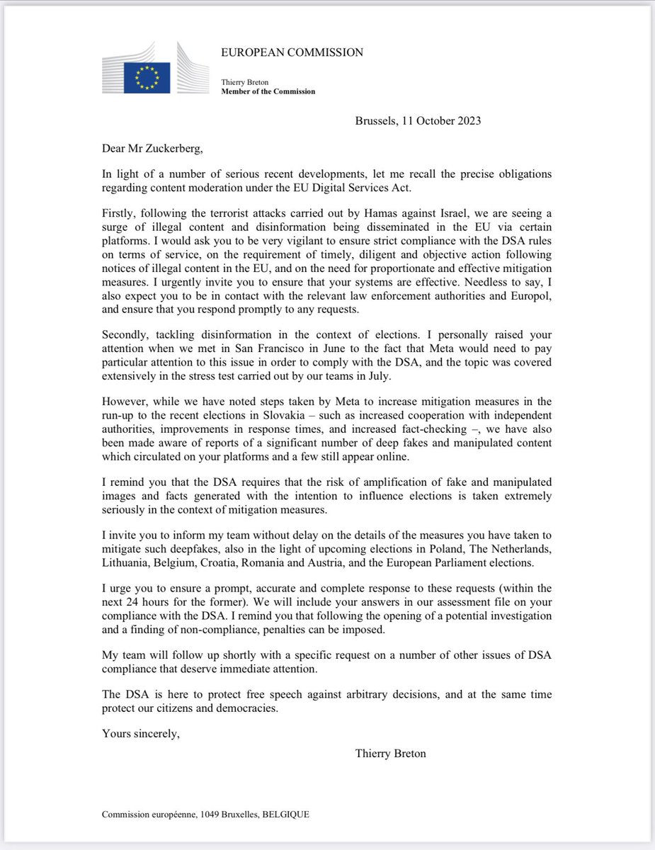 The #DSA is here to protect free speech against arbitrary decisions, and at the same time protect our citizens & democracies. My requests to #Meta’s Mark Zuckerberg following the terrorist attacks by Hamas against Israel — and on tackling disinformation in elections in the EU ⤵️