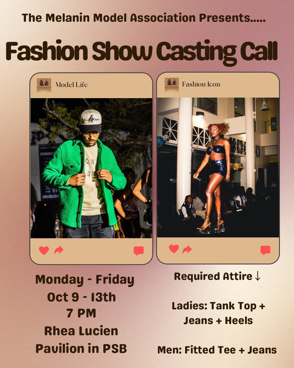 We looking for the modelssssss! 
Our third day of casting calls are taking place tonight at 7PM in PSB Atrium! If you’re interested, please audition! We can’t wait to meet y’all!