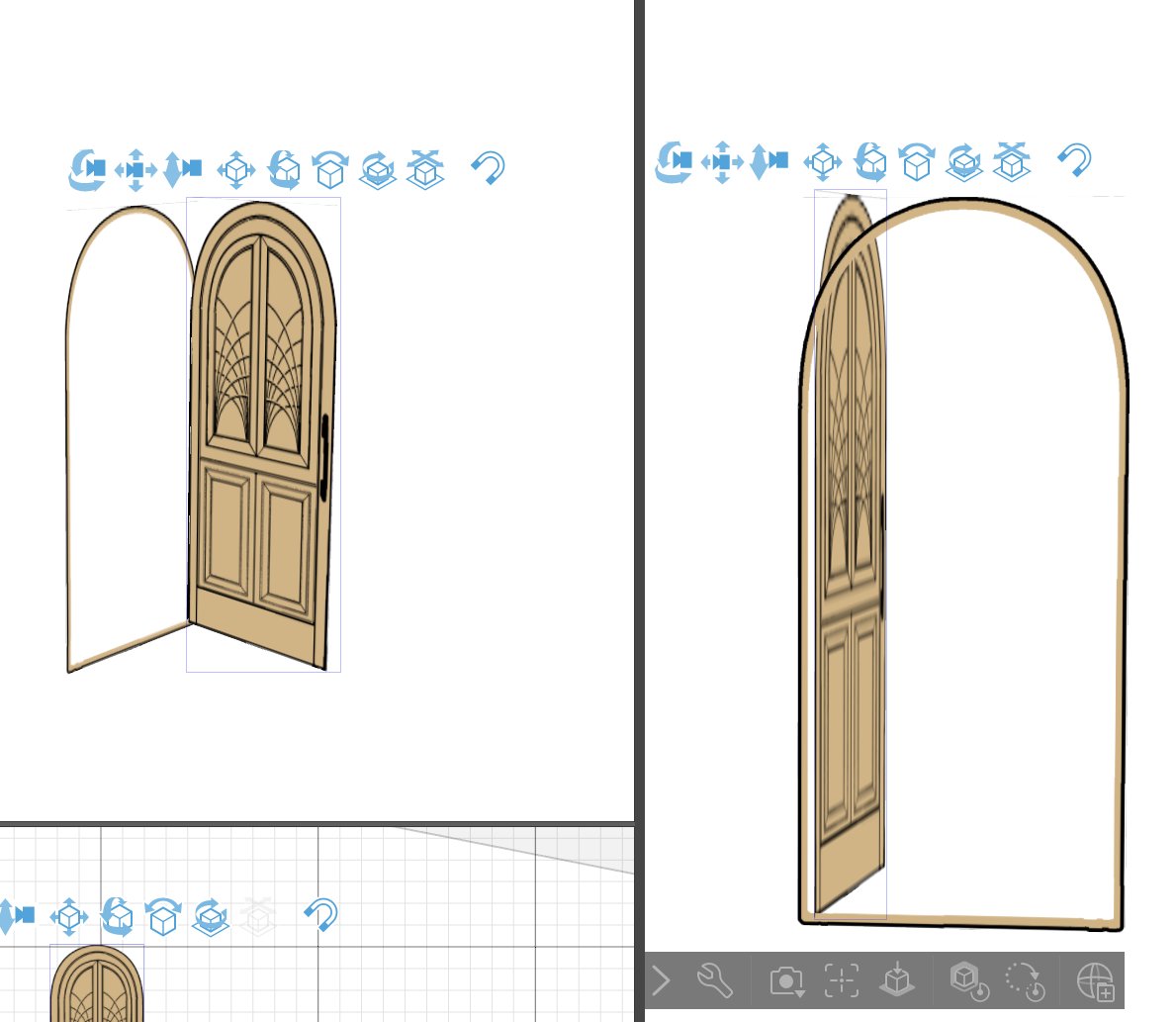 頭が円形になってるドアを開けた時の見え方がわからなさすぎて、ドア画像素材を3Dプリミティブにして開けてみた図。