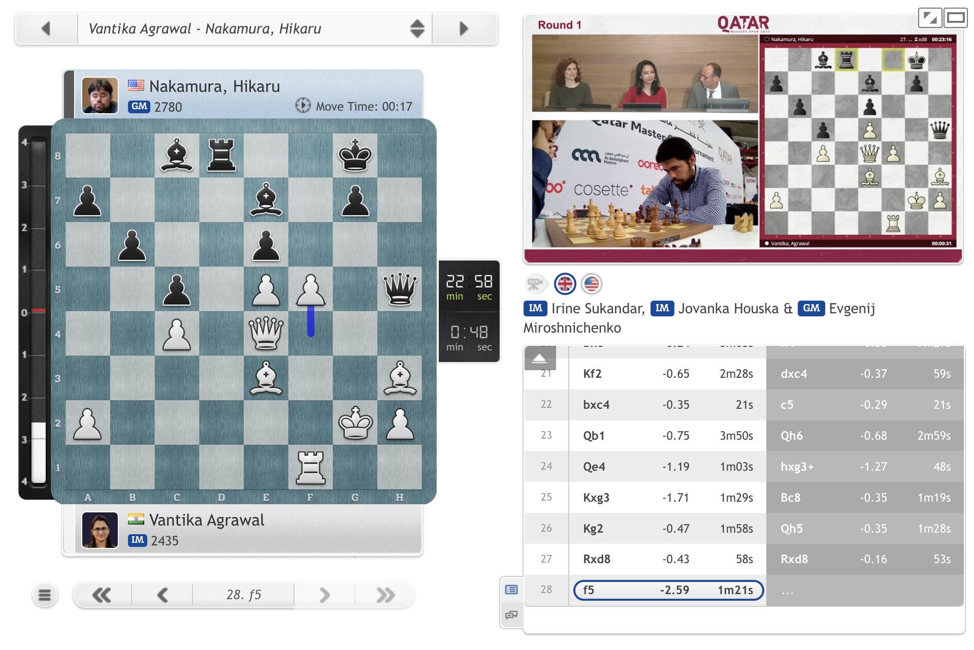 chess24.com on X: Vantika's 28.f5?, played with just 18 seconds to spare,  looks to be a blunder!  #QatarMasters2023   / X