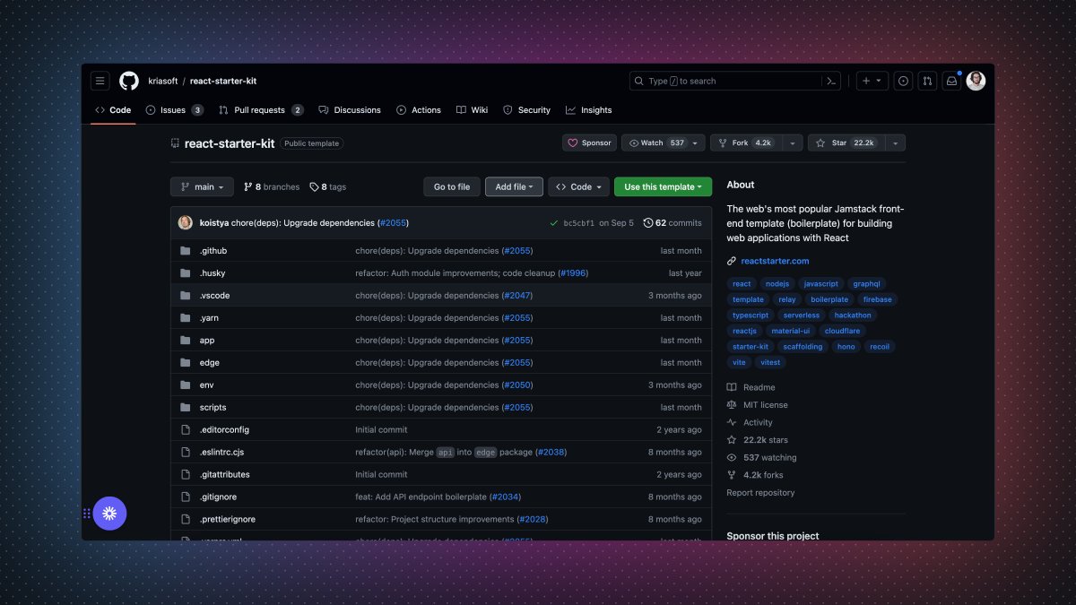 Prathkum's tweet photo. 5. React Starter Kit

The web's most popular Jamstack front-end template (boilerplate) for building web applications with React.

➔ https://t.co/pzAVYyziZC https://t.co/Ef7C6T0Fse