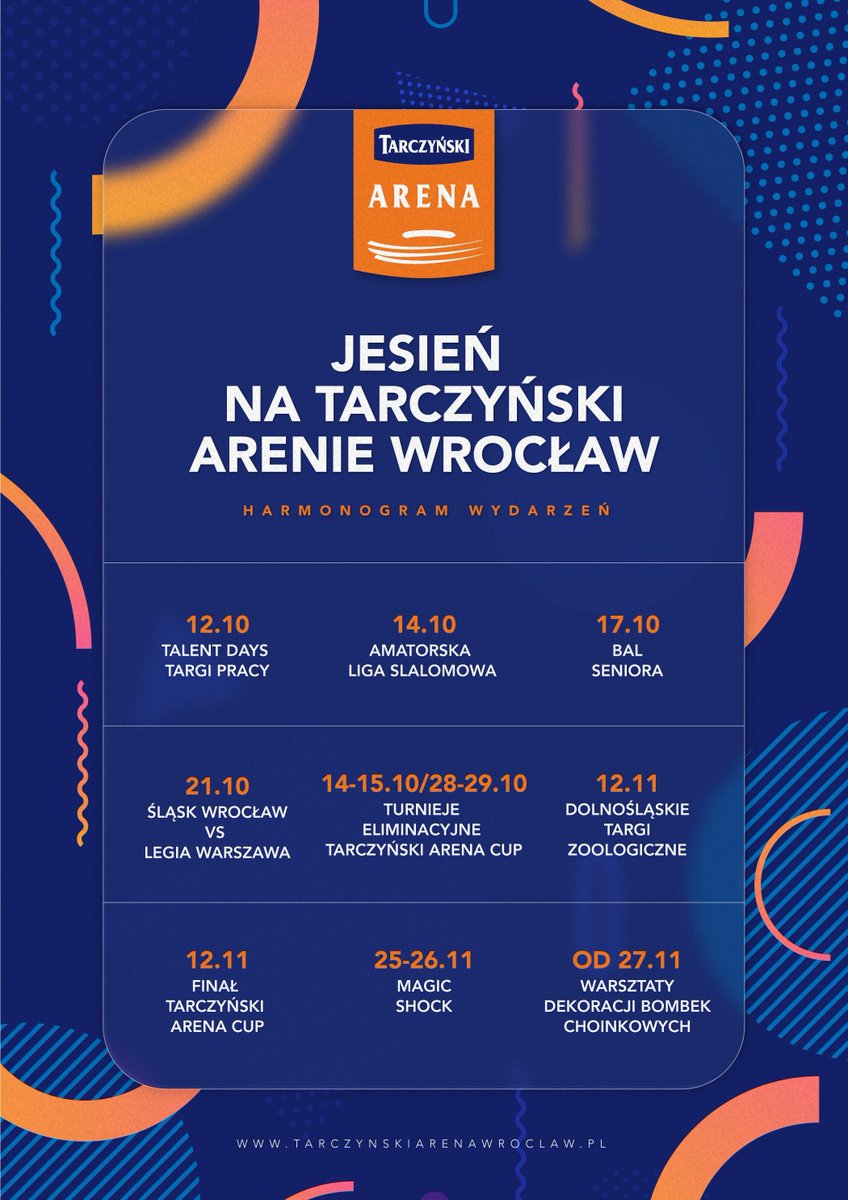 Jesień pełna imprez na Tarczyński Arenie Wrocław. Od targów pracy, przez zawody rolkarskie, turnieje piłkarskie, festiwal magii, bal seniora, mecze @SlaskWroclawPl , aż po targi zoologiczne i warsztaty zdobienia bombek choinkowych. Szczegóły: tarczynskiarenawroclaw.pl/jesien-2023-na…