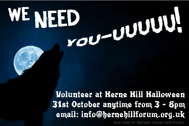 hernehillforum's tweet photo. We're putting on a spook-tacular, free Halloween celebration this year for local families. We need volunteers to help run the event. Can you spare any time between 2:30pm and 8pm on Tuesday 31st October? You’ll be given a briefing on what to do #HerneHill #Volunteer #Halloween23 https://t.co/Ahicmdfx16