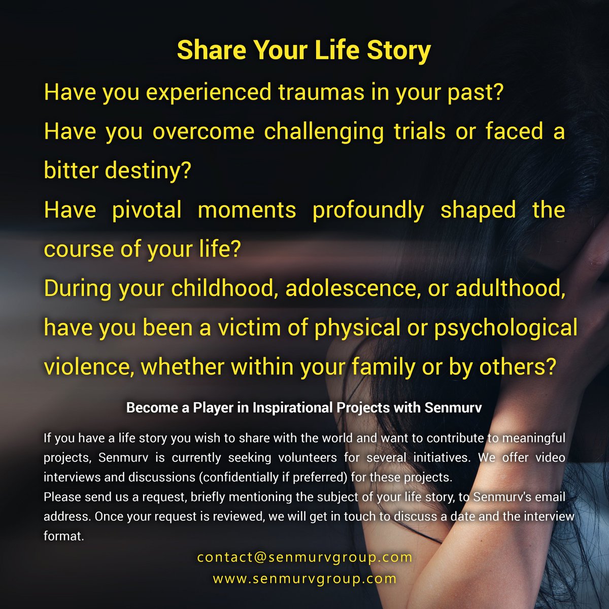SenmurvSociety's tweet photo. ๐ Share Your Life Story: Be a Part of Inspiring Projects with Senmurv ๐
๐ Let's change the world, one story at a time.
We're excited to hear from you and share your narrative.
#Storytelling #ShareYourStory #SenmurvGroup #Volunteering #InspiringProjects #Trauma #Violence #Life https://t.co/Th5O7jodg4