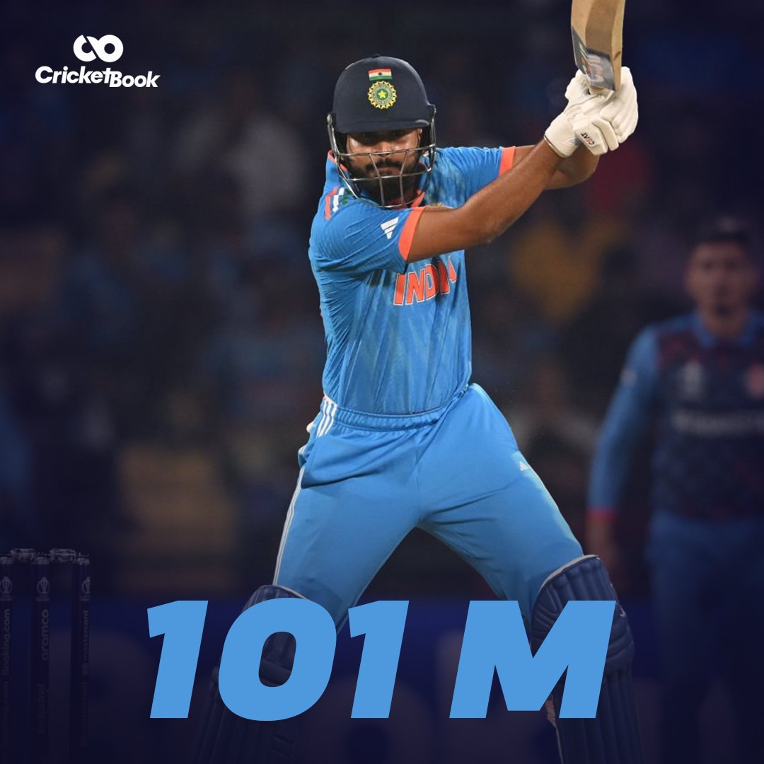 cricketbook_'s tweet photo. Shreyas Iyer launches a spectacular shot that landed in the crowd, marking the biggest six of the 50-over World Cup 2023

#ShreyasIyer #ODI #INDvAFG #WC2023 #MonsterSix #AFGvIND #CricketBook https://t.co/513qTxF8LF
