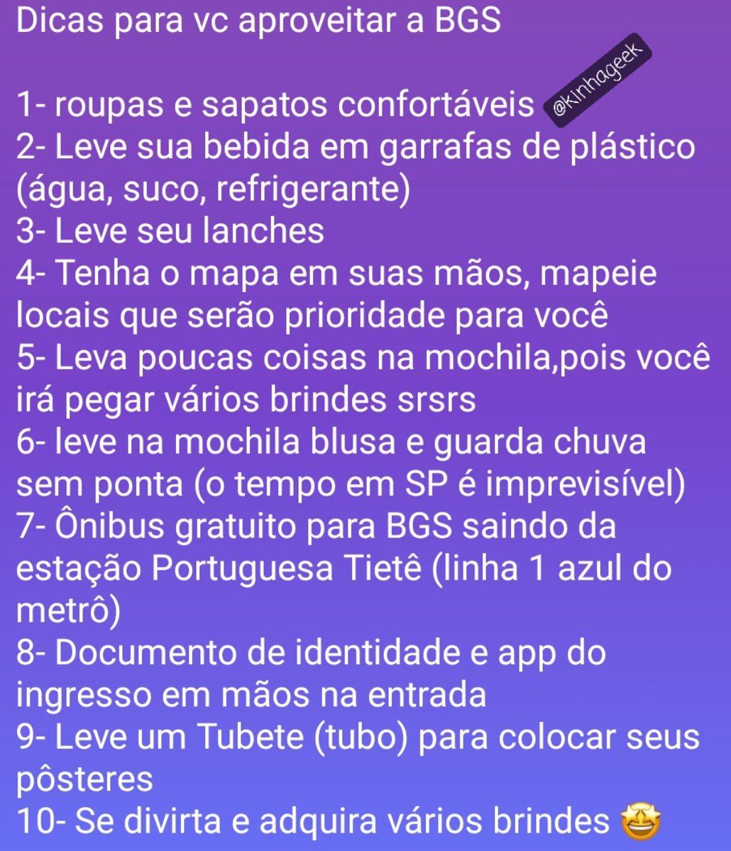 Ja que não conseguir ingressos para bgs
Vai aqui algumas dicas 
Frequento a bgs desde 2015, esse ano será a primeira vez que não irei 😕
#bgs #brasilgameshow #gamer #BGS2023 #BGS23