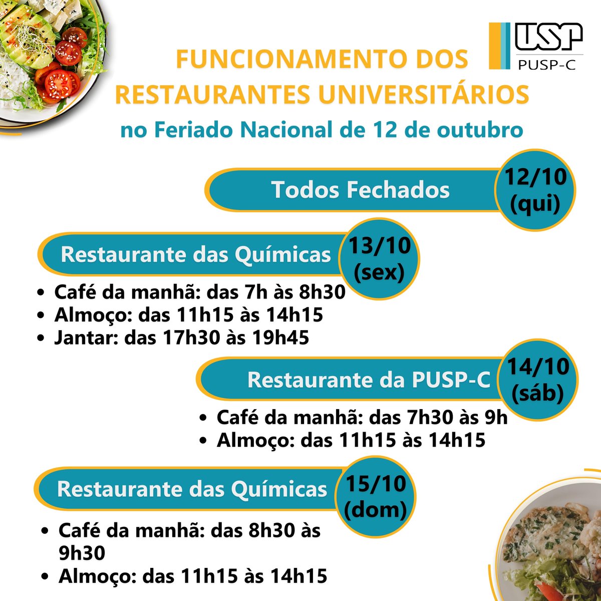 puspcapital's tweet photo. Funcionamento dos restaurantes universitários durante o Feriado Nacional de 12 de outubro.
Para informações sobre o menu visite o aplicativo 'Cardápio +USP'
#pusp #feriado #campusbutanta #usp #restaurante #restaurantecentral https://t.co/vf7hIxXDSI