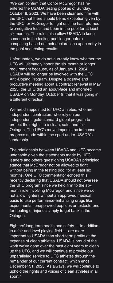 aaronbronsteter's tweet photo. BREAKING: USADA announces that Conor McGregor has re-entered the UFC's anti-doping program and states that as of January 1, 2024, they will no longer be overseeing the UFC's anti-doping program. https://t.co/H4X3gITvzW