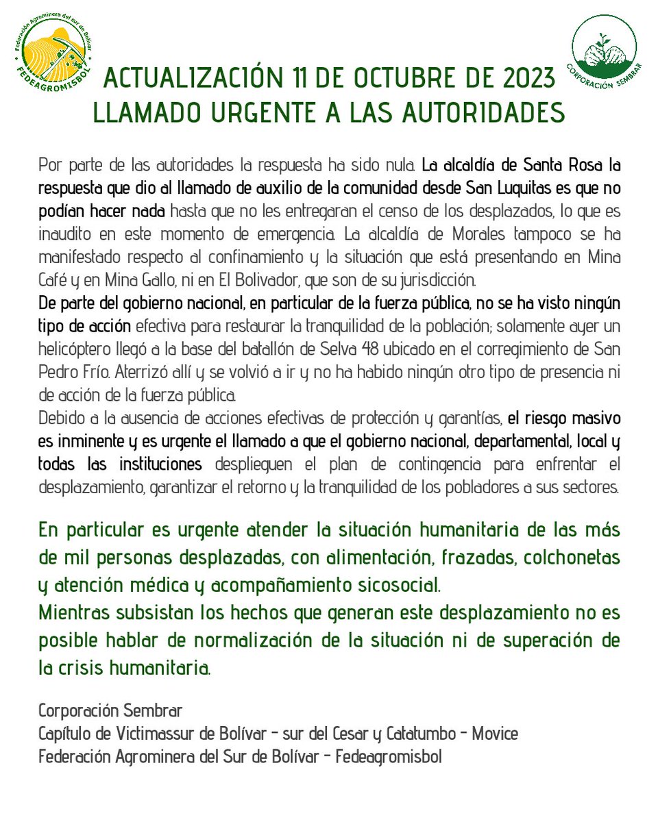 ACTUALIZACIÓN
La crisis humanitaria en el #SurdeBolívar se agudiza con cada día.
Es URGENTE que el gobierno nacional, departamental y local tome las acciones pertinentes para proteger la vida e integridad de las comunidades.