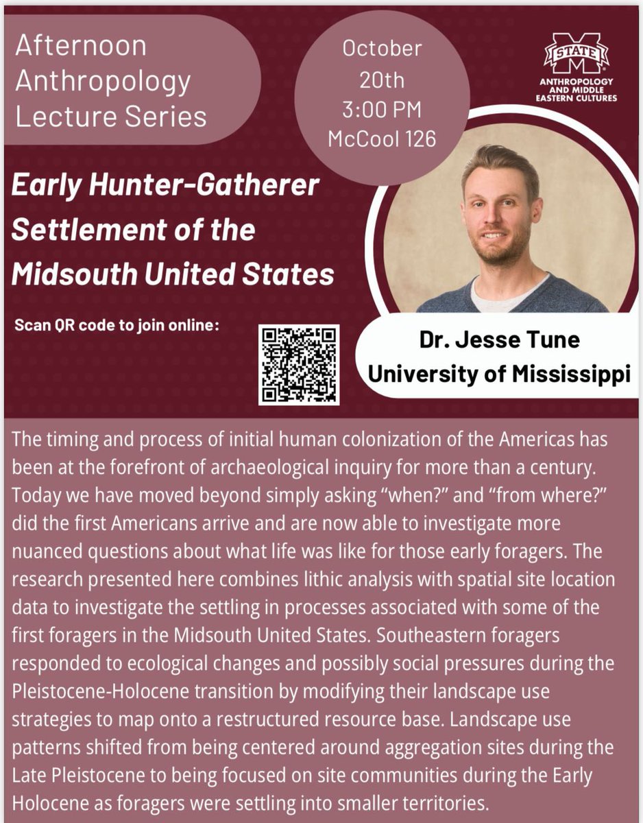 Our upcoming afternoon anthropology lecture is scheduled for October 20th. Be sure not to miss Dr. Jesse Tune from the University of Mississippi as he discusses the early hunter-gatherer settlement in the Midsouth United States. #AfternoonAnthropology