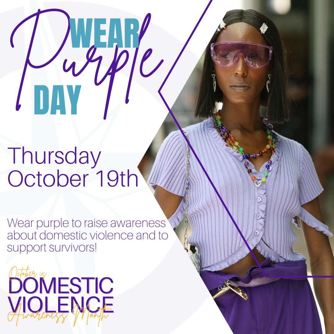 Mark your calendars for Wear Purple Day on Thursday, Oct 19. Join us in wearing purple to raise awareness about domestic violence & to stand in solidarity with survivors. #DVAM2023 #DVAwareness #WearPurpleDay #WearItPurple #RaiseYourVoice #BreakTheSilence #SpeakOut #BreakTheCycle