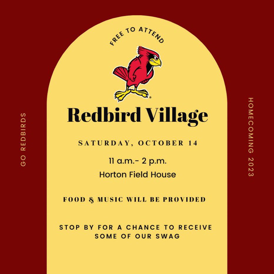 Find us at Redbird Village at the Horton Fieldhouse this Saturday, October 14 from 11 a.m. to 2 p.m. for a chance to receive one of our new merch items.

Redbird Village is free to attend with no advance registration required.

For more information visit Homecoming.IllinoisState.Edu/Tailgating/Alu…