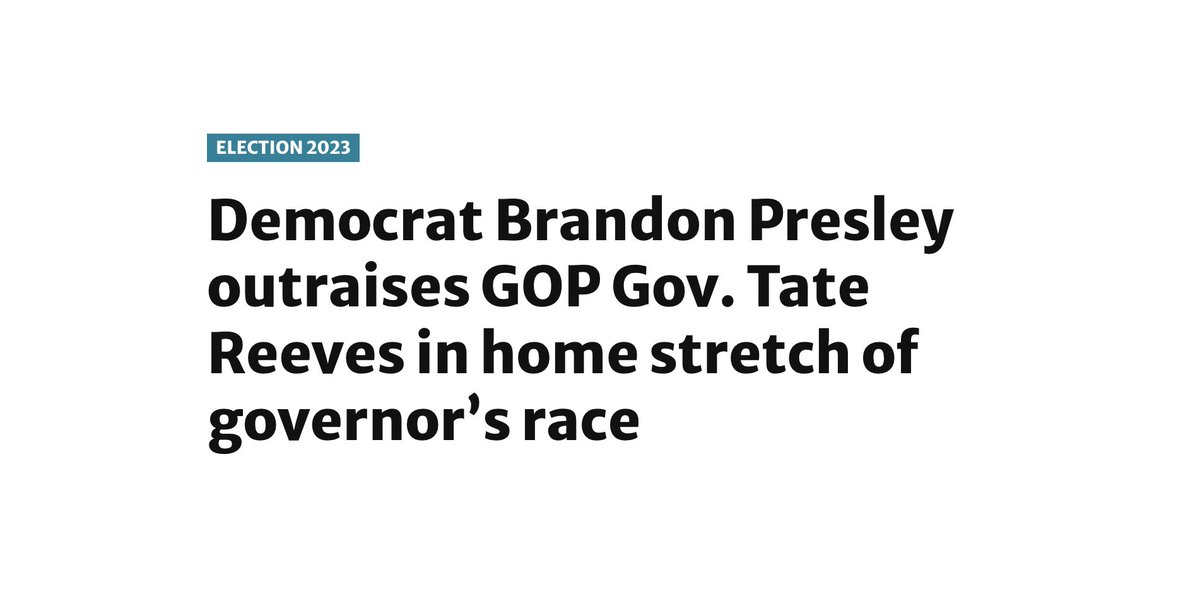 DemGovs's tweet image. NEW: @BrandonPresley outraised Tate Reeves nearly 4-to-1 over the last three months. 

Presley is gearing up to expand Medicaid, tackle corruption head-on, cut taxes, and send Tate Reeves packing. #MSGov