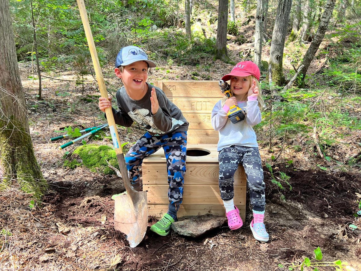 Two of Friends of Temagami’s youngest volunteers, out installing thunderboxes at campsites on Lake Temagami - summer 2023.  

Get involved!  

Consider joining us at our A.G.M. at Smoothwater Outfitters &amp; Lodge this weekend!   

Hope to see you there!