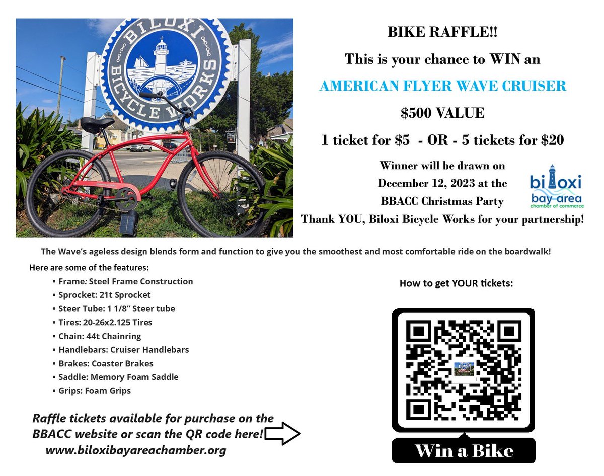 Purchase a ticket or 2 for a chance to win this sweet bike!!! biloxibayareachamber.org/events/bike-ra…