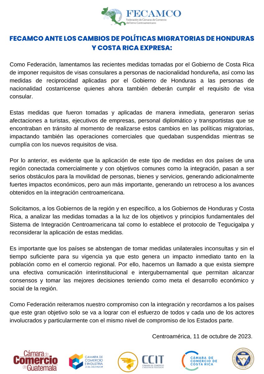 📢 Comunicado de FECAMCO ante los cambios de políticas migratorias de Honduras y Costa Rica: